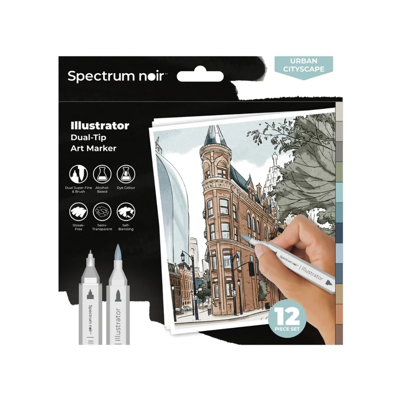 Spectrum Noir - Dual-tip Alcohol Brush Markers - Illustrator (12PC) - Urban Cityscape