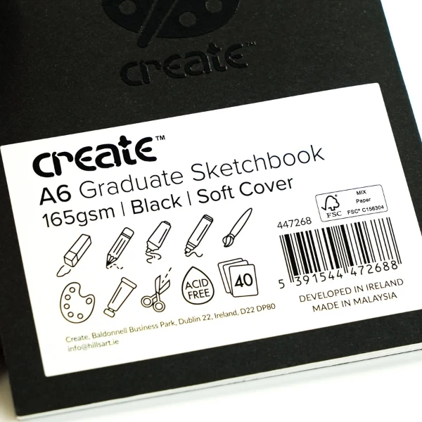 Create - Graduate Black Sketch Pad - A6- 165gsm - 40 White Sheets