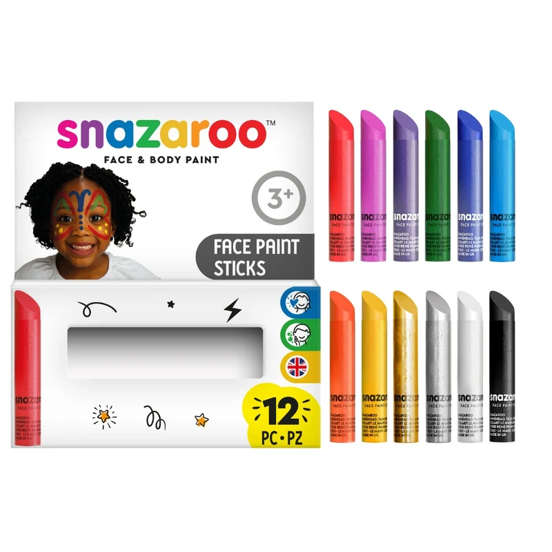 Snazaroo - Face paint sticks x12 - Includes Green, White, Orange and more