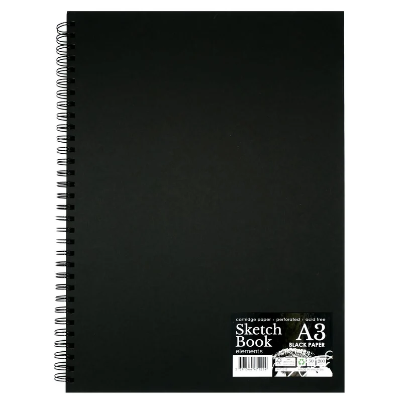 Elements - Wire-O Black Paper Sketch Book 200gsm Portrait A3