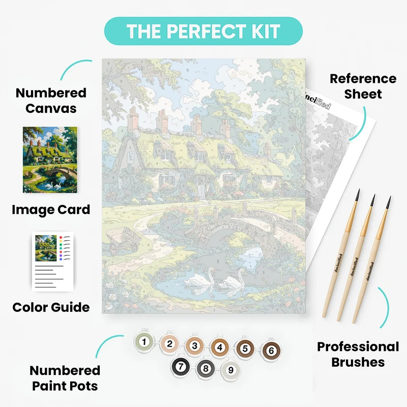 English Countryside Cottage with Bridge and Swans - Paint by Numbers Kit