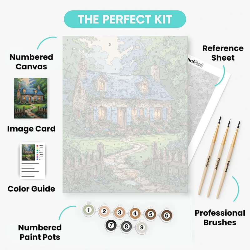 Charming Stone Cottage with Blue Shutters - Paint by Numbers Kit