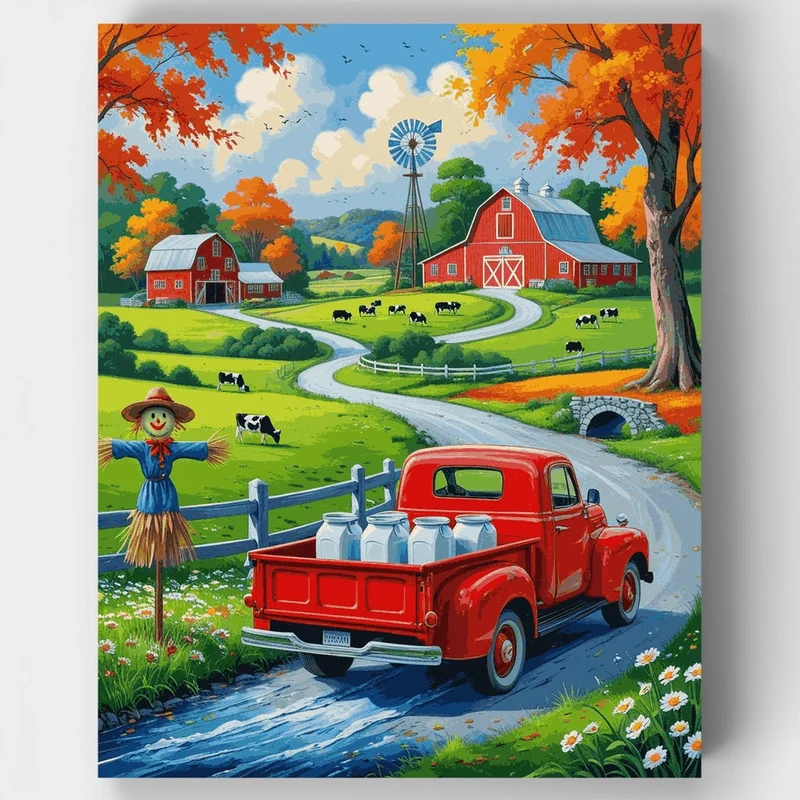 Autumn Farm Scene with Red Truck - Paint by Numbers Kit