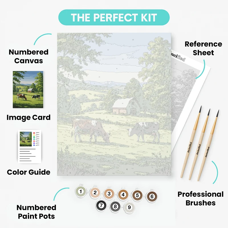 Peaceful Farm Countryside with Grazing Cows - Paint by Numbers Kit