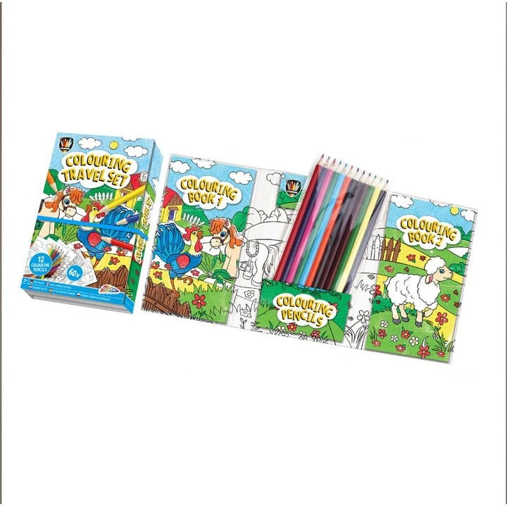 Children’s Travel Coloring Set with 2 Books and 12 Pencils