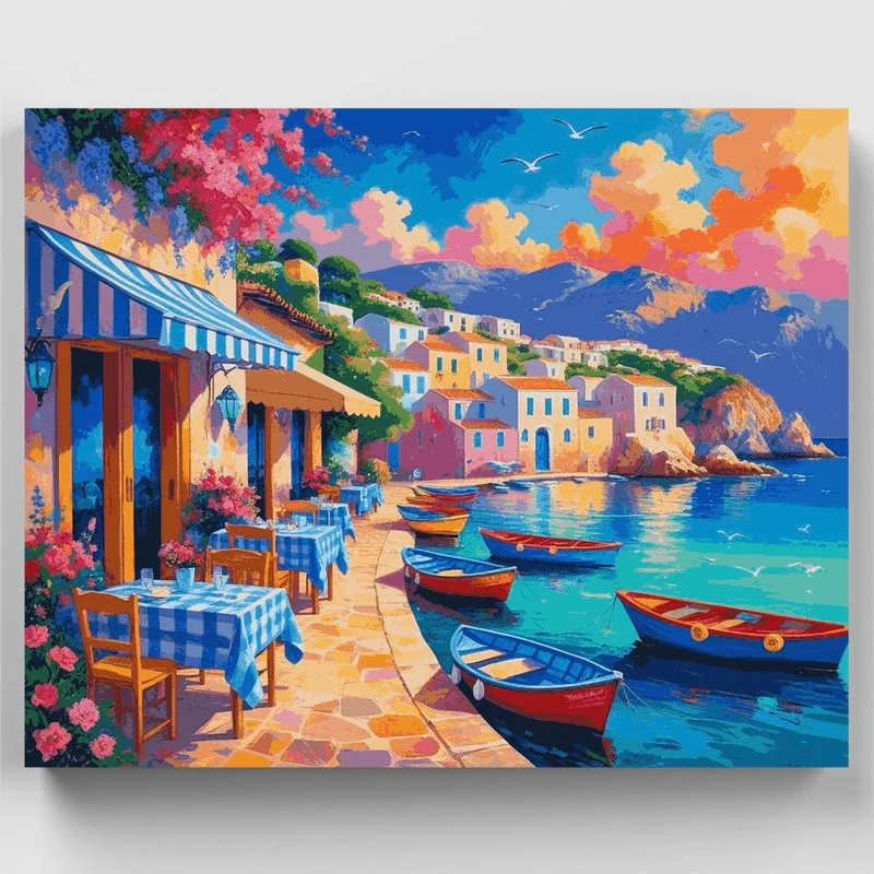 Mediterranean Seaside Cafe Terrace - Paint by Numbers Kit