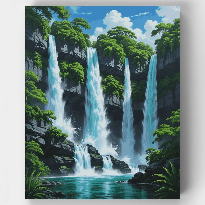 Majestic Waterfalls in Lush Forest - Paint by Numbers Kit