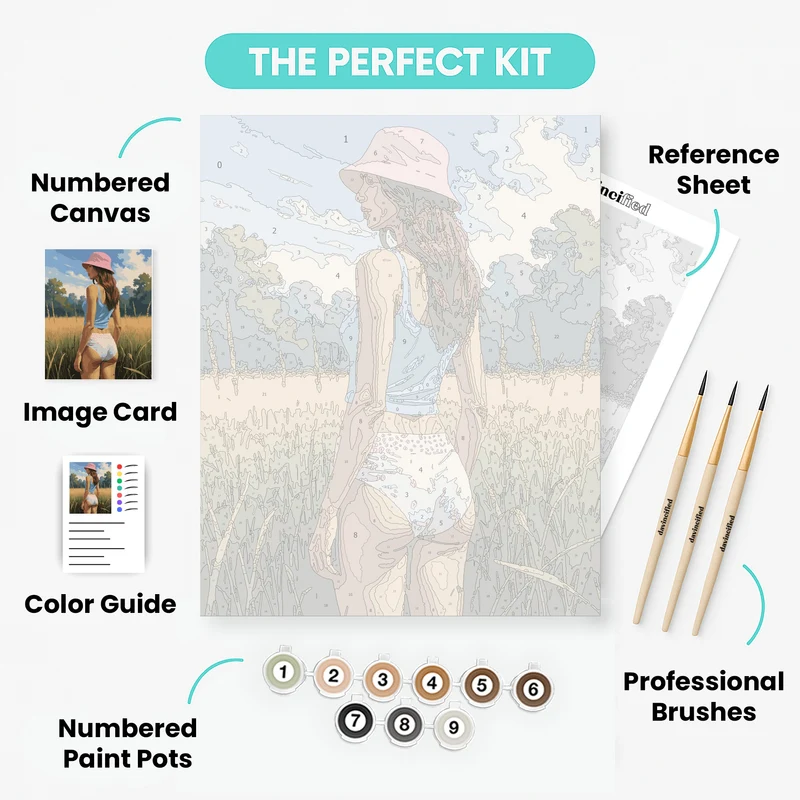Woman in Field with Pink Hat - Paint by Numbers Kit