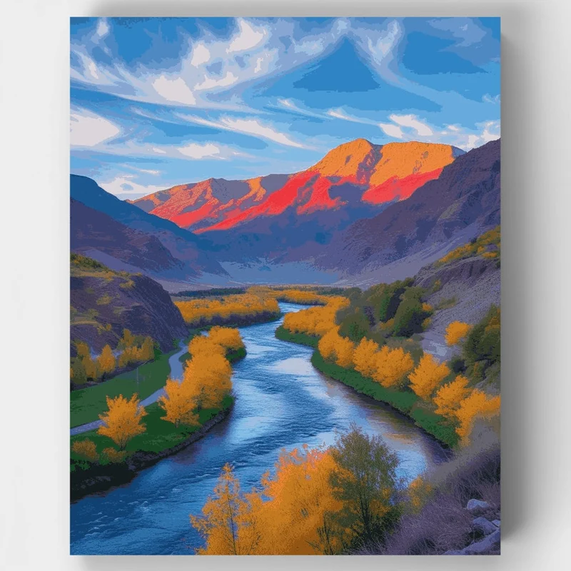 Mountain River Valley Autumn Landscape - Paint by Numbers Kit