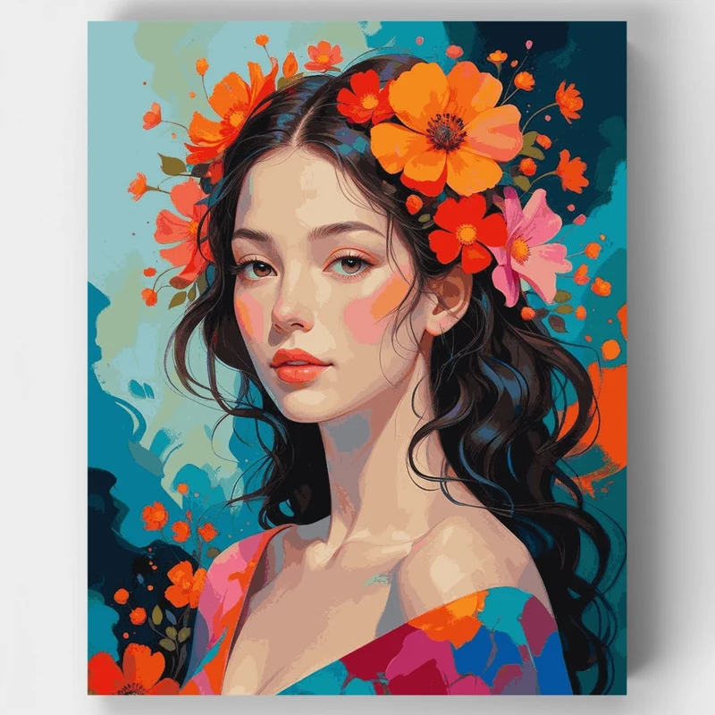 Woman with Vibrant Floral Crown - Paint by Numbers Kit