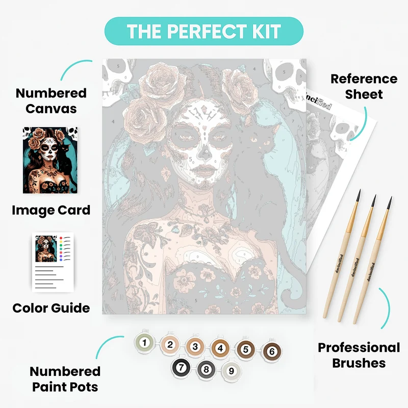 Day of the Dead Sugar Skull Woman with Black Cat - Paint by Numbers Kit