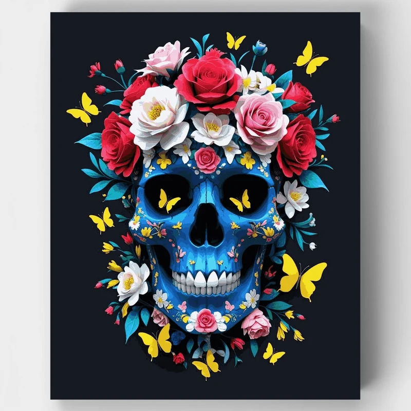 Blue Sugar Skull with Colorful Flowers - Paint by Numbers Kit