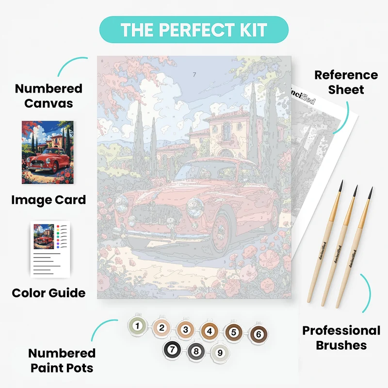 Vintage Red Car in Tuscan Villa Garden - Paint by Numbers Kit