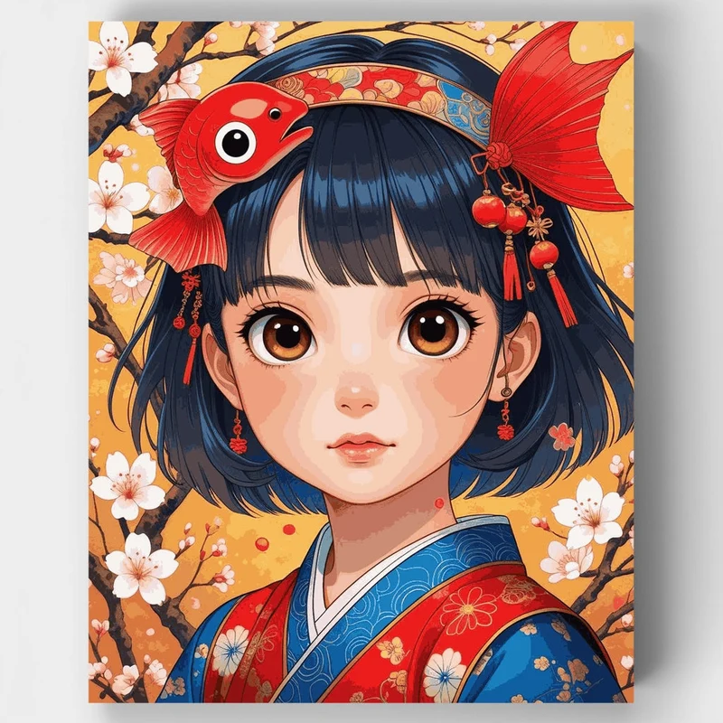 Japanese Girl with Koi Fish Headpiece - Paint by Numbers Kit
