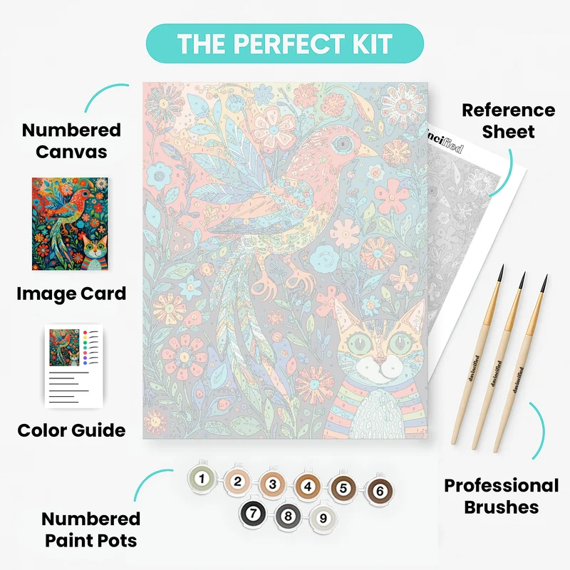 Vibrant Folk Art Bird and Cat Garden - Paint by Numbers Kit