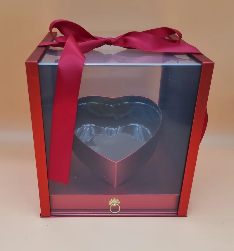 Box Würfel mit Deckel, geneigtem Herz und Schublade 24,5x24,5x22,5cm "Rot 559"