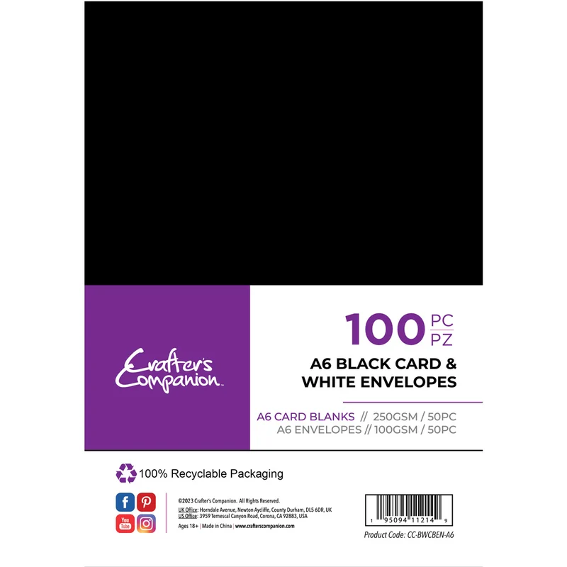 Crafter's Companion - A6 Black Cards & White Envelopes 100 piece