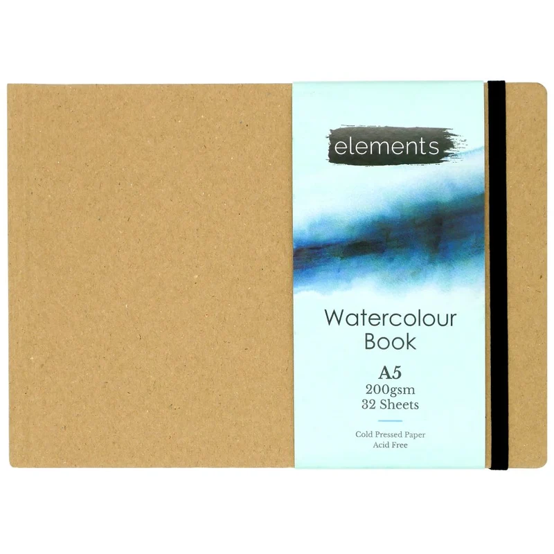 Elements A5 Watercolour Hard cover Book CP Landscape/Elastic Band 200gsm