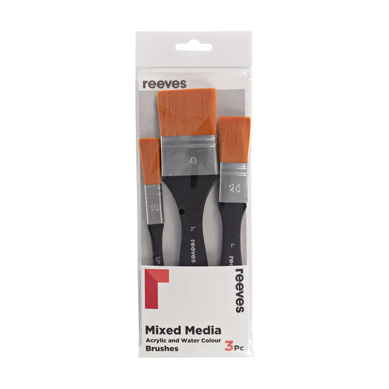 Reeves - Mixed Media Acrylic & Watercolour Wash Brush set - Short Handle - 3x Brush Pack