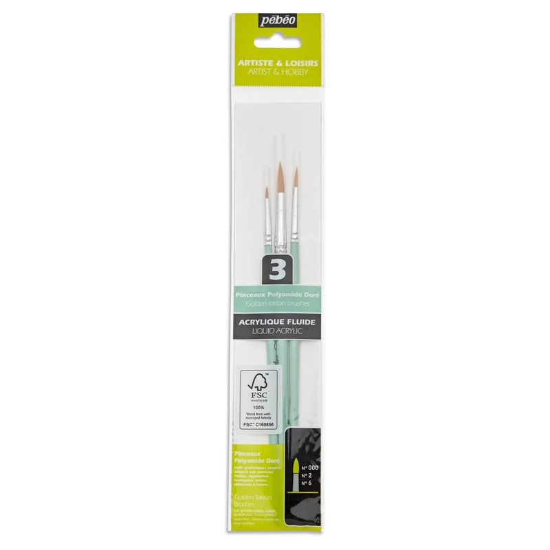 Pebeo - Acrylic Brush set - 3x Short Handle Synthetic Round Golden Taklon