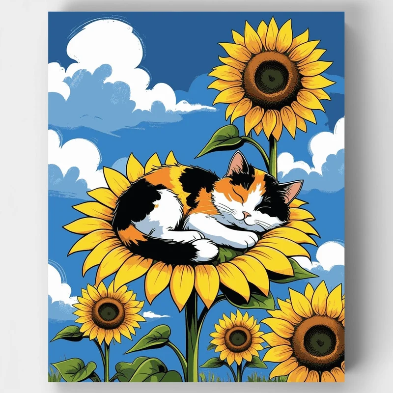 Sleeping Cat on Sunflower - Paint by Numbers Kit