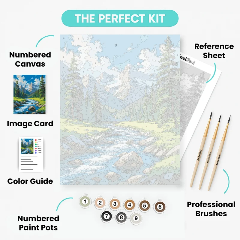 Alpine Mountain Stream with Snow Peaks - Paint by Numbers Kit