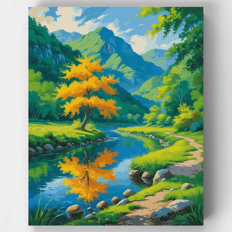 Mountain River Valley with Golden Tree - Paint by Numbers Kit