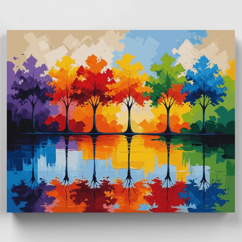 Colorful Rainbow Trees Reflection - Paint by Numbers Kit