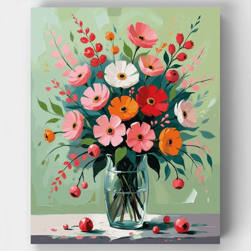 Vibrant Floral Bouquet in Glass Vase - Paint by Numbers Kit