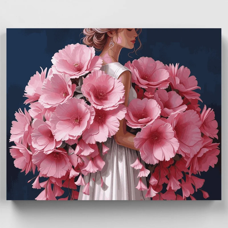 Elegant Woman with Pink Flowers - Paint by Numbers Kit