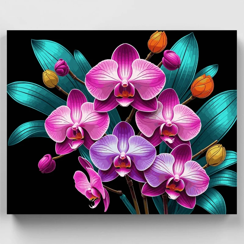 Exotic Pink Orchids with Turquoise Leaves - Paint by Numbers Kit