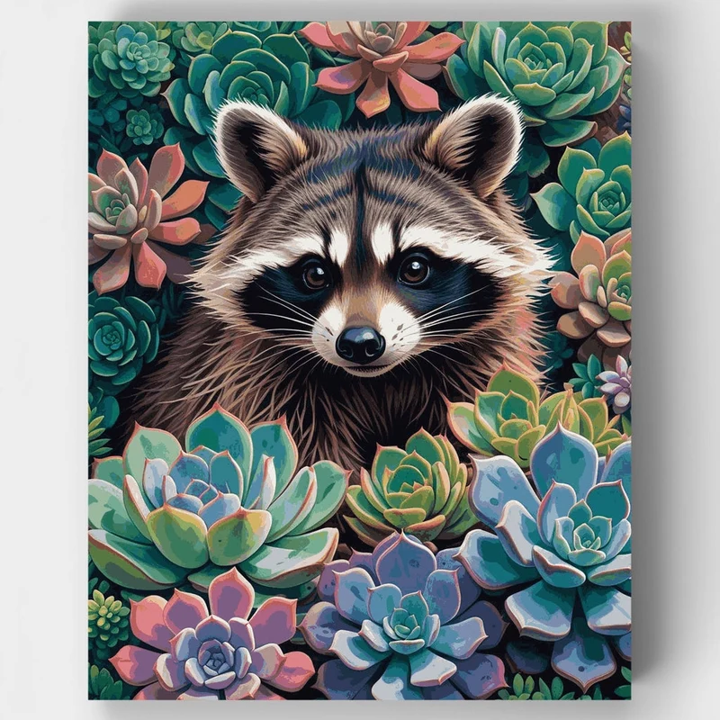 Raccoon in Succulents Garden - Paint by Numbers Kit