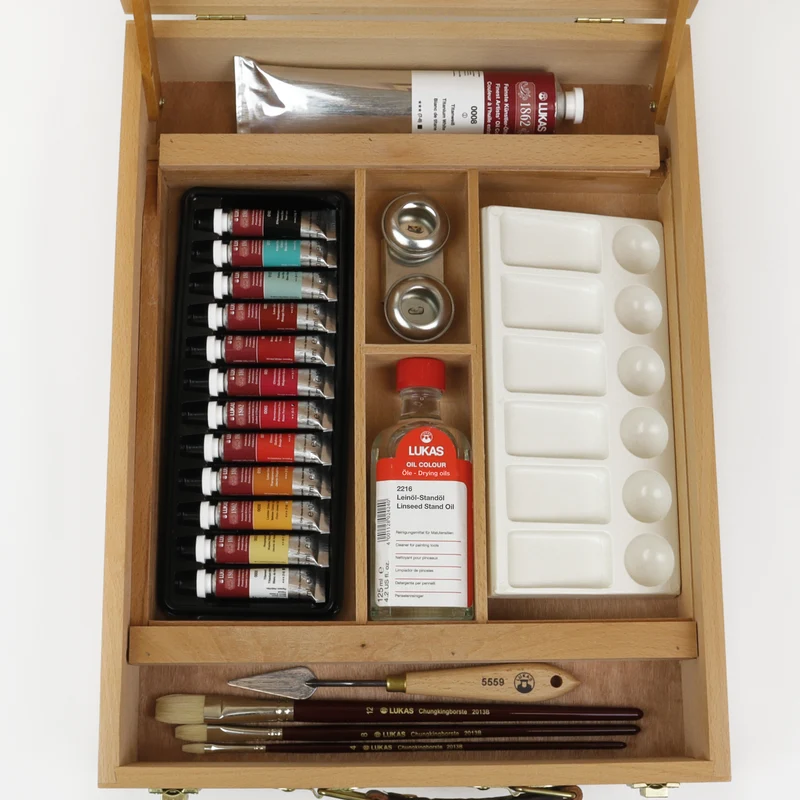 LUKAS 1862 set oljnih barv v lesenem kovčku 12 x 10 ml s priborom