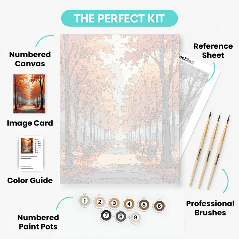 Autumn Tree-Lined Park Avenue with Benches - Paint by Numbers Kit