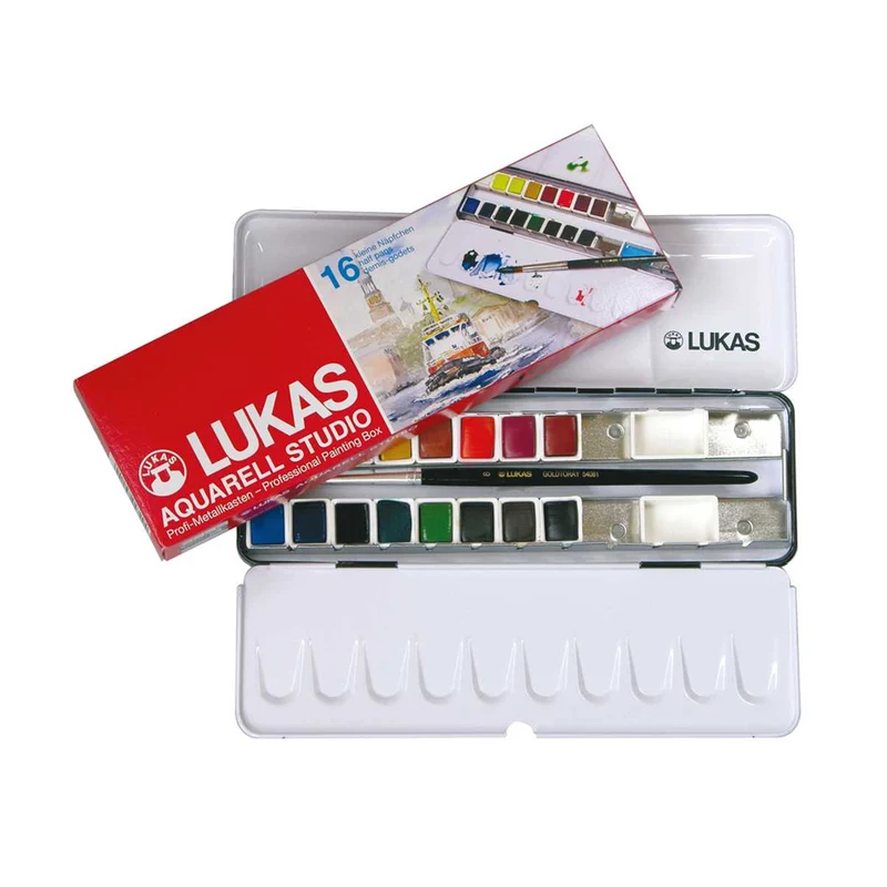Set di colori ad acquerello LUKAS Studio in scatola di metallo – 16 mezzi godet con pennello