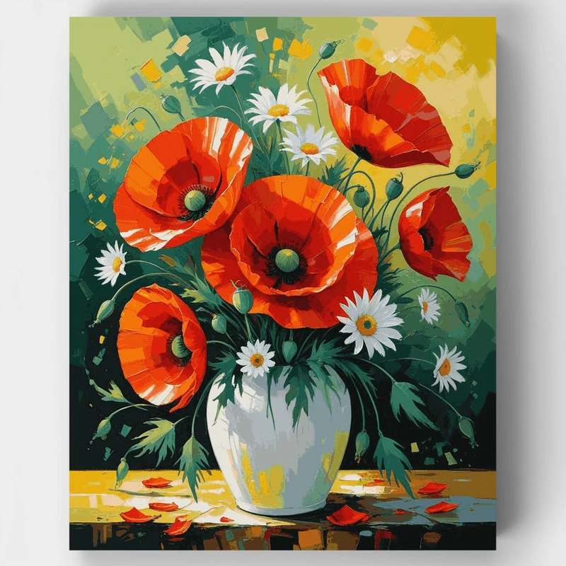 Vibrant Poppies and Daisies Bouquet - Paint by Numbers Kit