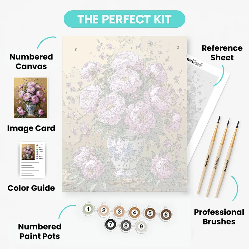 Pink Peonies in Blue and White Vase - Paint by Numbers Kit