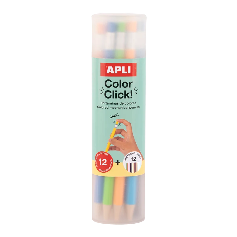 Автоматични цветни моливи APLI Color Click, 12 бр. с резервни графити и острилка