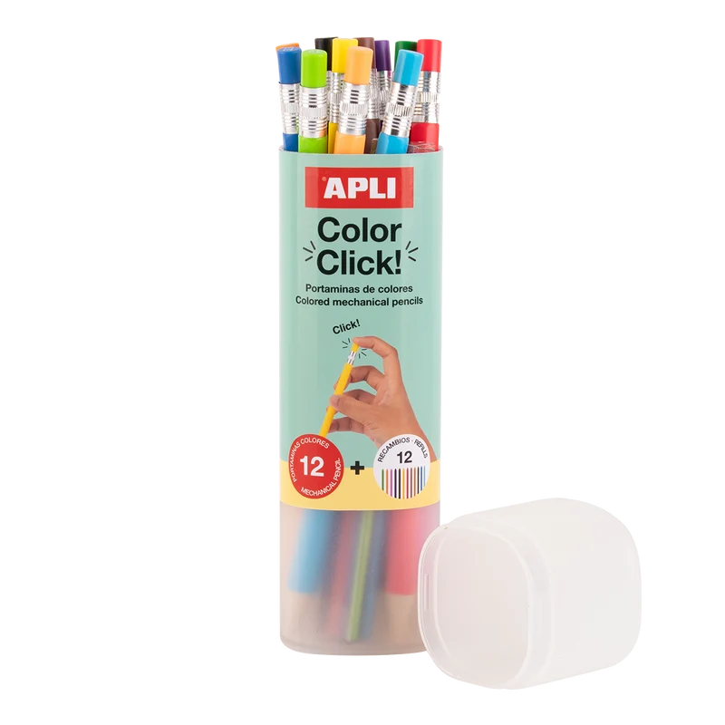 Pastelli a scatto APLI Color Click, 12 pz con mine di ricambio e temperamatite