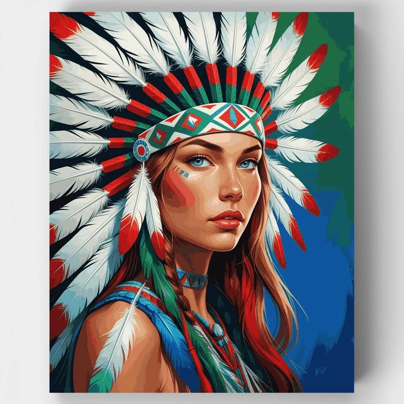 Native American Woman with Feather Headdress - Paint by Numbers Kit