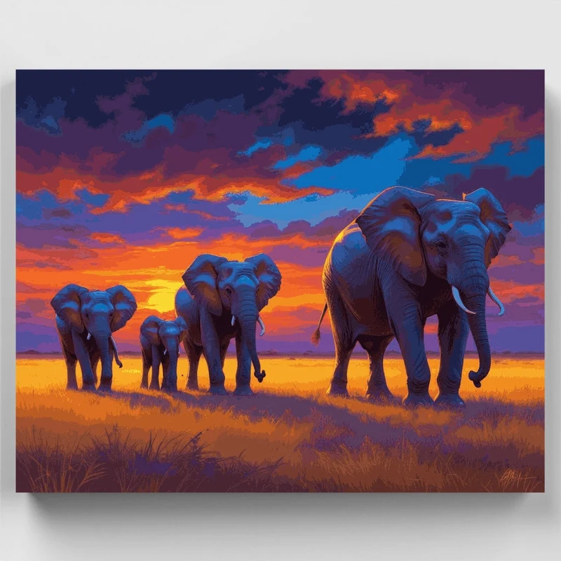 Elephant Family Safari Sunset - Paint by Numbers Kit