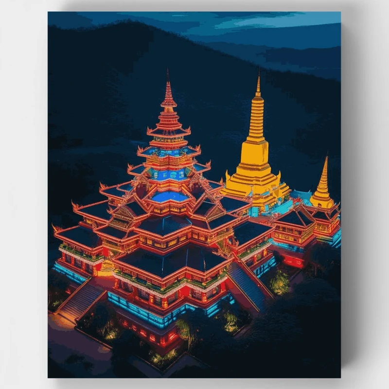 Illuminated Temple Complex at Dusk - Paint by Numbers Kit