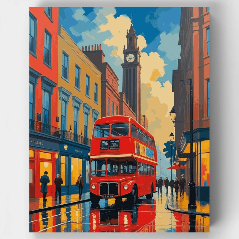London Street with Red Double-Decker Bus - Paint by Numbers Kit
