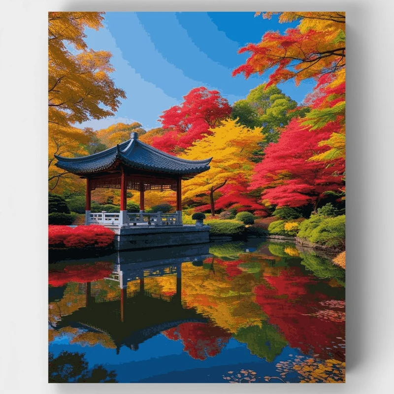 Korean Garden Pavilion in Autumn - Paint by Numbers Kit