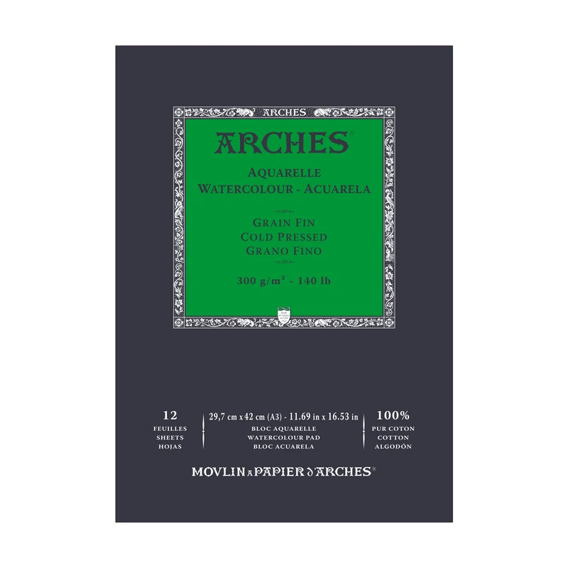 ARCHES Aquarellblock feinkorn naturweiß 300 g/m² - 12 Blatt A5 – A3