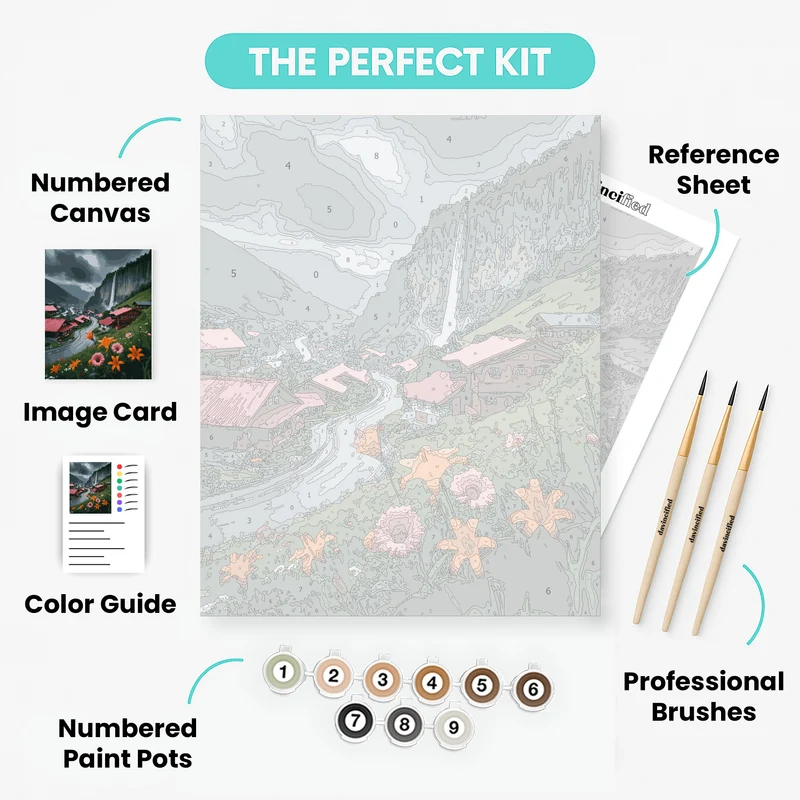 Swiss Alpine Village with Waterfall - Paint by Numbers Kit