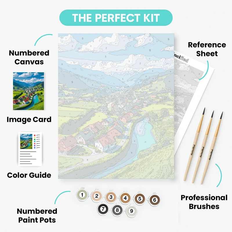 Swiss Valley Village with Turquoise River - Paint by Numbers Kit
