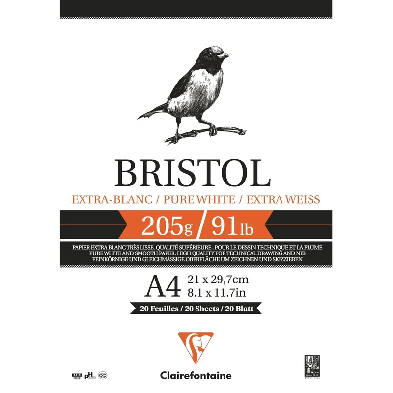 CLAIREFONTAINE Zeichenblock Bristol 205 g/m² – 20 Blatt, A4 – A3