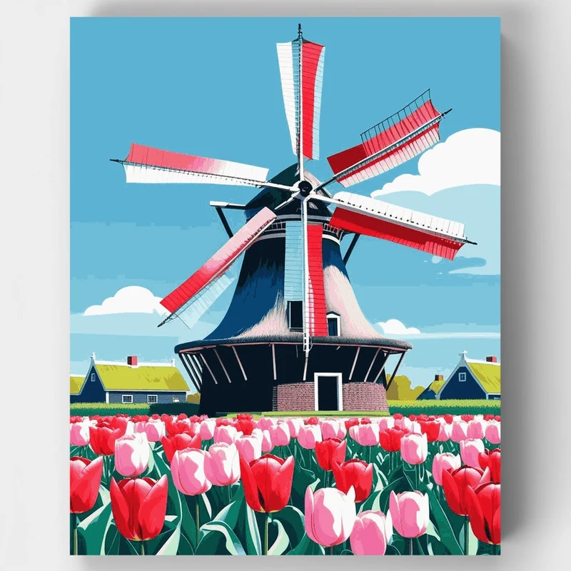 Dutch Windmill with Tulips - Paint by Numbers Kit