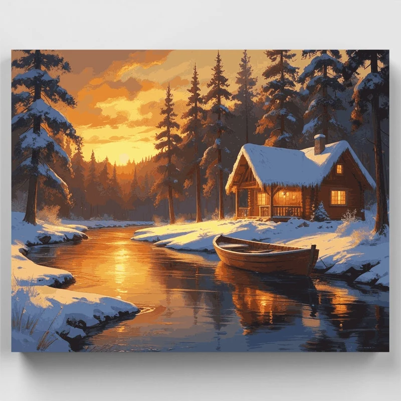 Winter Cabin by the Lake - Paint by Numbers Kit